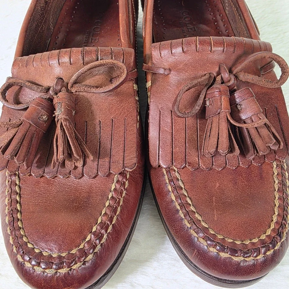VTG Cole Haan Kiltie Tassel Loafers Brown Leather Handsewn Mens 9.5 M NO WEAR